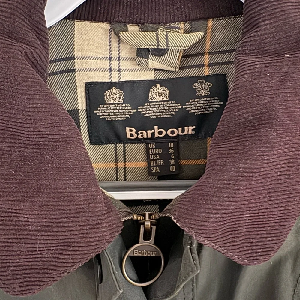 Barbour Dark Olive Waxed Cotton Trench Coat with Brown Corduroy Collar